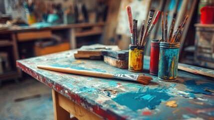 Paintbrushes on a Wooden Table