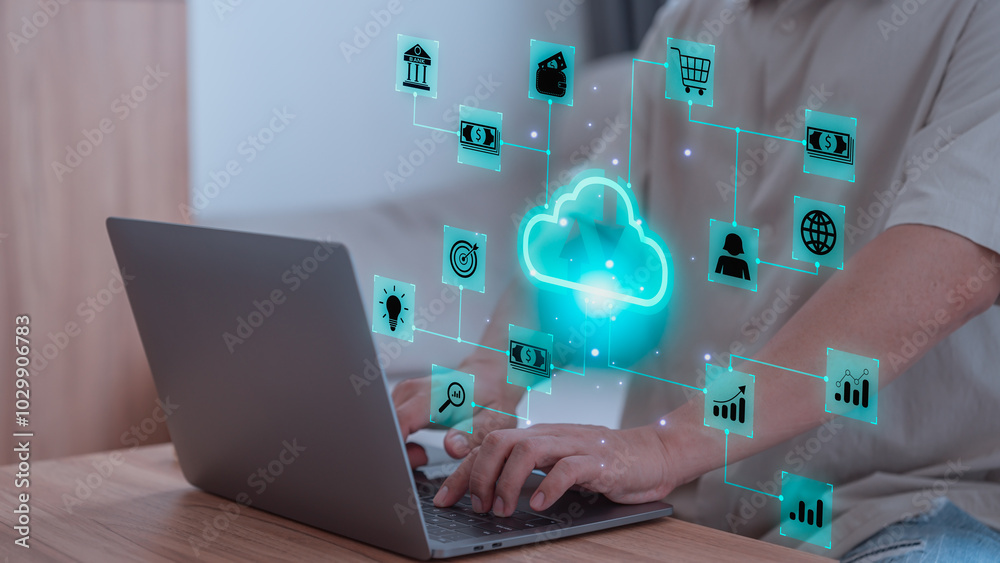 Poster Person using a laptop while various digital icons, representing cloud computing, financial technology, and data management. Concept of cloud service and interconnect digital tools in modern business.