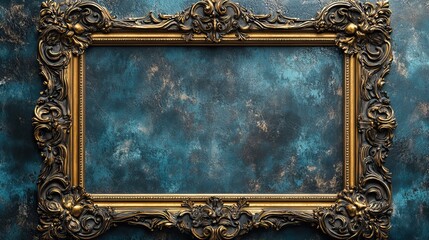 A gold frame set against a blue background with decorative scrolls.