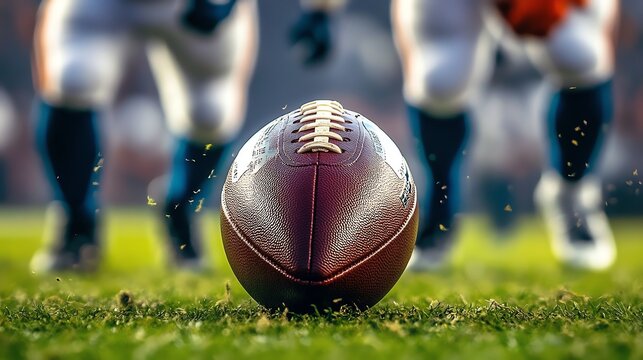 Close-up of a football on the field with players in action behind it.