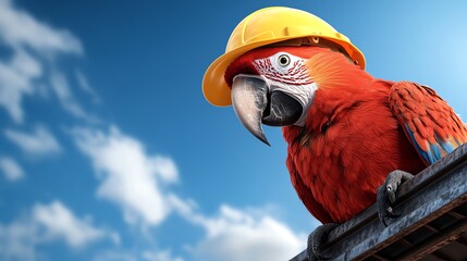 Colorful parrot wearing a yellow hard hat against a bright blue sky.