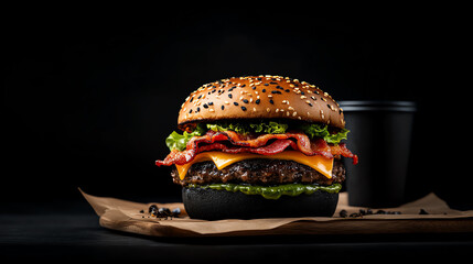 Delicious gourmet burger with bacon, cheese, and fresh vegetables, dark background.