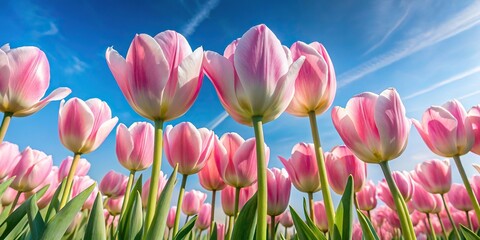 Fototapeta premium Soft pink tulips against clear blue sky conveying spring freshness and natural elegance in bloom