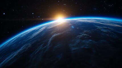 Earth seen from space during sunrise, showcasing atmospheric glow and starry background.