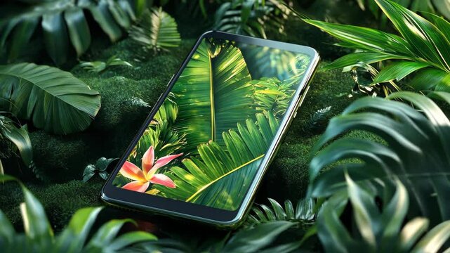 A smartphone lies amongst green foliage, showcasing a vibrant tropical flower on its screen