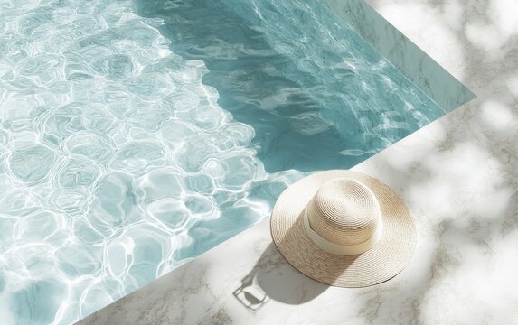 A simple, elegant fashion aesthetic scene with a straw hat and sunglasses beside a marble swimming pool