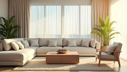 Modern living room featuring minimalist Japandi design with stylish