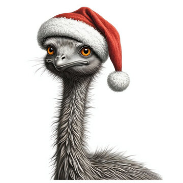 recommend clip art: Portrait of an emu wearing a santa hat, christmas clip art design element