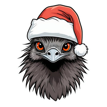 recommend clip art: Christmas portrait of an emu head with a santa hat, xmas emu bird clip art cartoon illustration