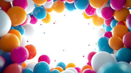 Colorful balloons creating a vibrant circular frame in a bright atmosphere