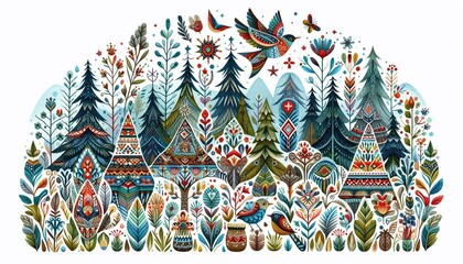 Enchanted folk art forest watercolor