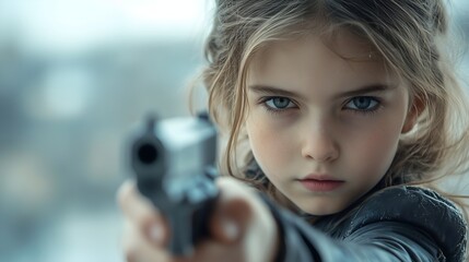 Young girl aiming gun, cinematic motion picture style 3d digital art, cityscape in background. Close-up of little woman police face and weapon, dangerous criminal, modern graphic design wallpaper.
