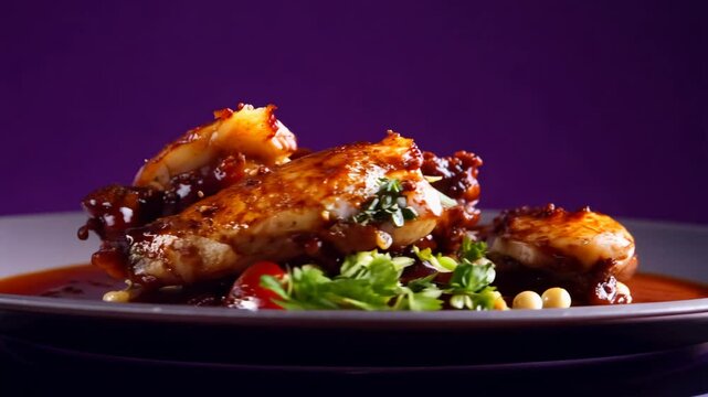 Cinematic 360-degree video of coq au vin with rich wine sauce, tender chicken on a deep purple background
