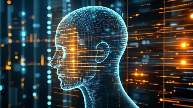 A digital rendering of a human head with a wireframe design is set against a background of glowing blue and orange lines