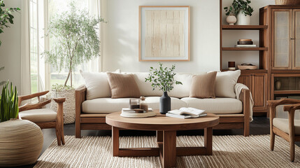 Fototapeta premium A modern farmhouse style living room with a wood sofa