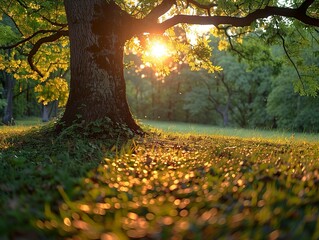 Golden Hour in the Forest: A Tranquil Sunset Landscape