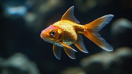 Obraz premium A goldfish stands alone against a dark black backdrop.