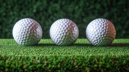 A golf-themed business card or sign featuring three balls and a black tee on a green backdrop.