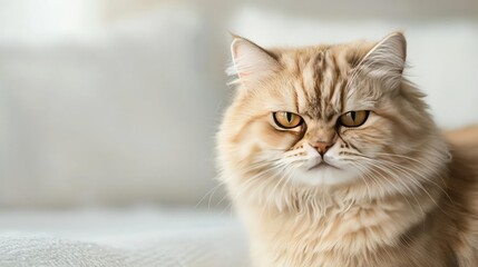 Obraz premium Close-up of a fluffy Persian cat with striking green eyes indoors.