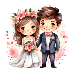 vector watercolor illustration very cute wedding couple married with flowers colorful isolated