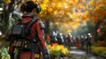 Futuristic Woman in Red Jumpsuit Walking Through a Park Illustration