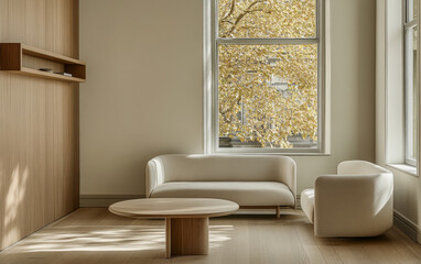 Elegant modern living space with minimalist furniture and large windows overlooking trees