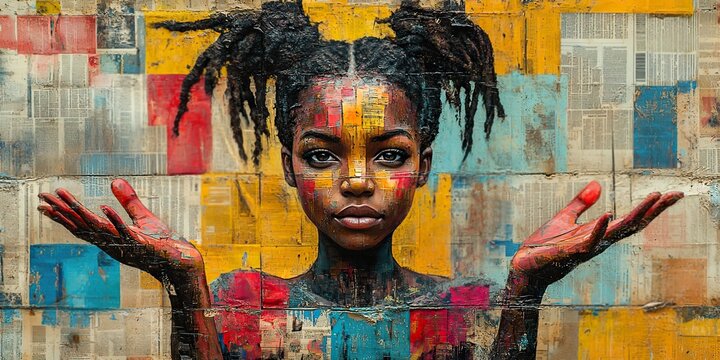 A graffiti collage with grunge newspapers and multicolored painting features an African woman with open hands, symbolizing hope for peace in street art.