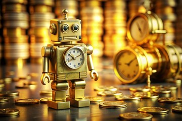 A robot is standing in front of a pile of gold coins