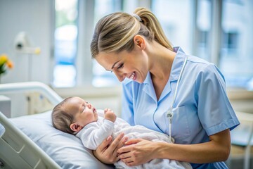 Obraz premium A nurse is holding a baby in her arms