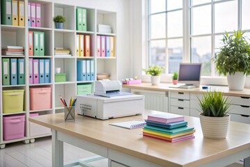 A colorful office with a printer, a desk, and a window