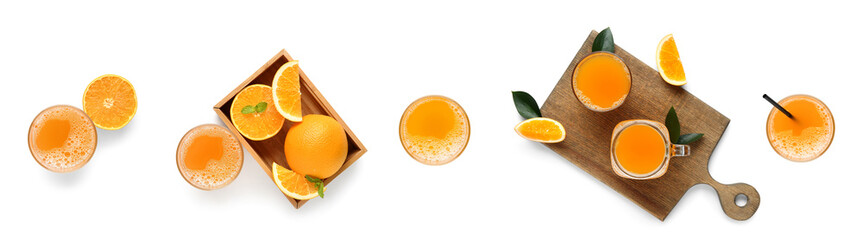 Set of orange juice isolated on white, top view
