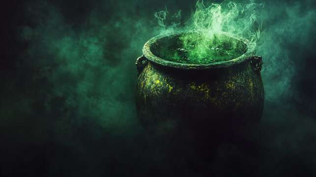 A bubbling cauldron emits green smoke in a dark, mystical setting during the witching hour