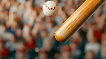 A 3D rendered scene of a baseball bat cracking a ball and sending it soaring into the sky with an excited crowd cheering in the background