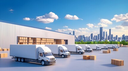 Fleet of Delivery Trucks at Busy Urban Warehouse Preparing for Distribution