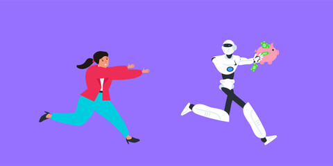 businesswoman chases a robot thief stealing piggy bank  with money vector illustration