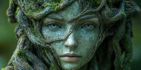 A guardian of nature statue of a woman covered in green moss and roots, found in the woods, symbolizes a mystical forest spirit.