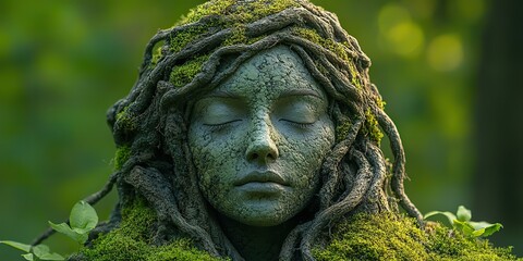 Obraz premium A guardian of nature statue of a woman covered in green moss and roots, resembling a water nymph, embodies forest mythology.