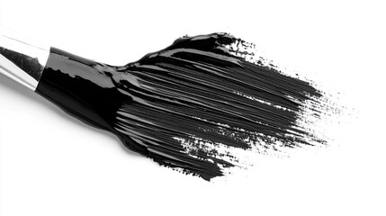A paintbrush applying glossy black paint with smooth strokes on a clean surface