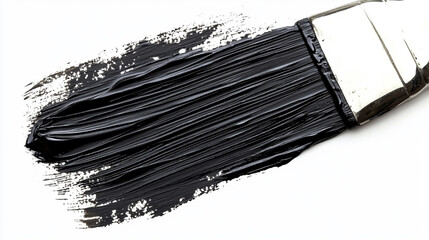 A close-up view of a paintbrush applying thick black paint on a clean, white surface