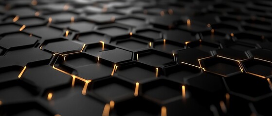 Obraz premium Luxury hexagonal abstract black metal background with golden light lines for dark 3d geometric texture designs and elegant wedding projects