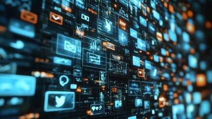 Fototapeta premium A digital screen filled with a cascade of trending hashtags, scrolling through popular social media platforms