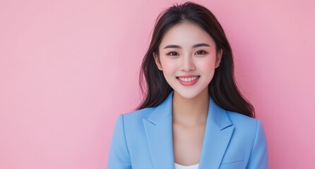 young Japanese woman in business attire stands with confidence against a pastel pink background, her posture and expression emphasizing a balance of professionalism.