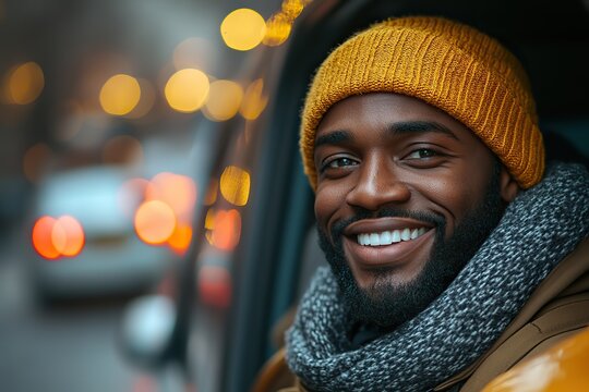 A happy man enjoys his time in a taxi, showcasing a pleasant moment.