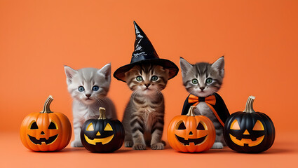 Obraz premium Three cute kittens in a Halloween costume, Halloween background copy-space, Halloween cats