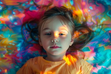 Obraz premium Young kid on a vibrant background, the face illuminated by colorful light reflections. Rainbow-like colors create dreamlike, surreal atmosphere, perfect for creative artistic projects.