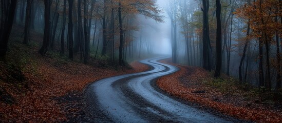 Obraz premium A winding road disappears into a misty forest with autumn leaves.