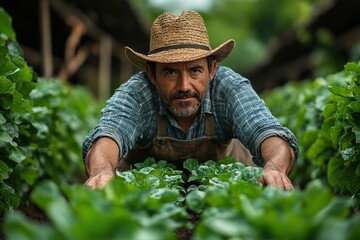 A hardworking farmer diligently tends to his crops, showcasing dedication and agricultural care.