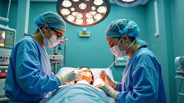 Two medical working in an intensive care unit (ICU), treating a patient with severe respiratory illness, with focus on the life-supporting equipment and medical professionals&rsquo; diligence.