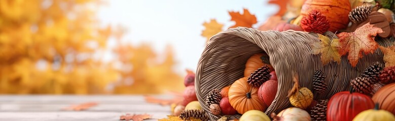Cornucopia filled with colorful pumpkins and autumn leaves on wooden table.