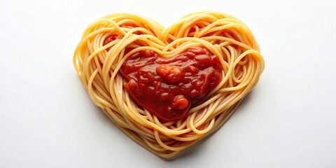 Spaghetti noodles shaped like hearts with tangy red sauce